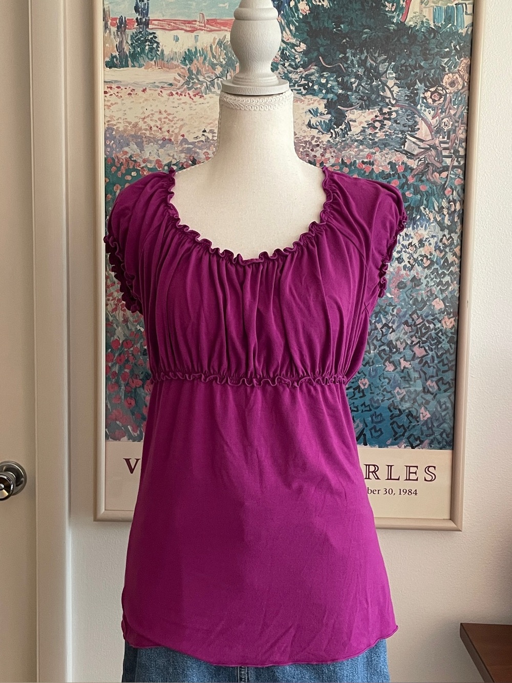 Vintage Y2K Max Studio Purple Milkmaid Top Sz M Ruffled Scoop Neck Cottagecore